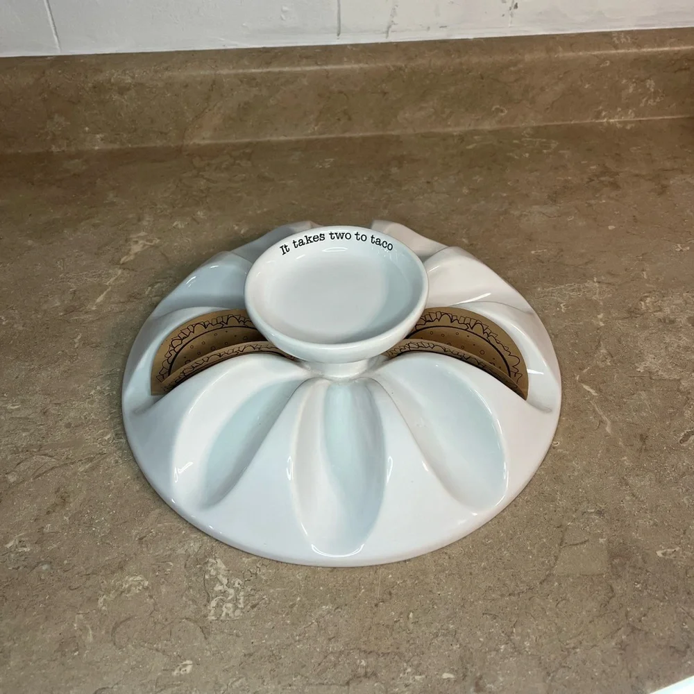 White Mud Pie Ceramic Taco Serving Platter with Dip Bowl
